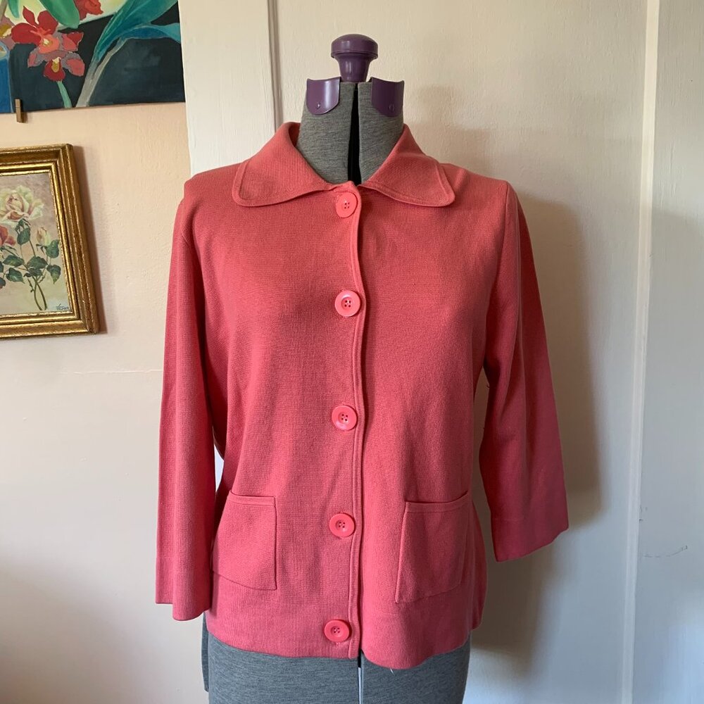 Liz Claiborne Knit Blazer Jacket L Silk Cotton Coral Oversized Buttons POCKETS